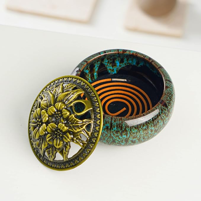 Incense Burner with Calabash Incense Stick Holder - Porcelain Charcoal Censer for Use with Resin Granular Powder Cone or Coil Incense (Kiln-Colored Blue) - Bloomnest
