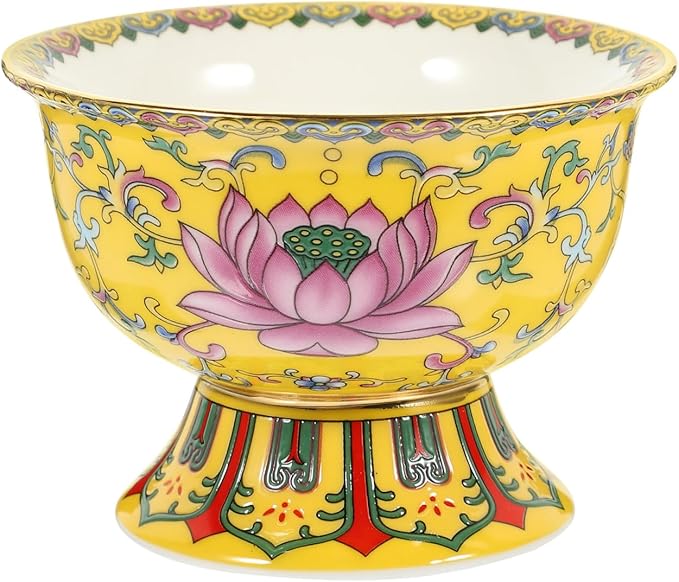 Garneck Singing Bowl Buddhist Antique Ceramic Lotus Carving Handmade Bowl Temple Desktop Ornament for Chakras Healing Meditation Zen Yellow - Bloomnest