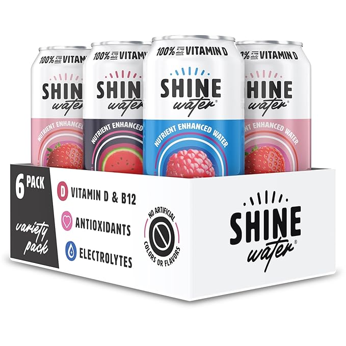 Shine Water Variety Pack Vitamin D Electrolyte Drinks, Sugar Free Flavored Water 6-Pack with Magnesium, Zinc & Antioxidants, Low Calorie Hydration Beverage, Plant-Based Vitamin Water Zero Sugar - Bloomnest