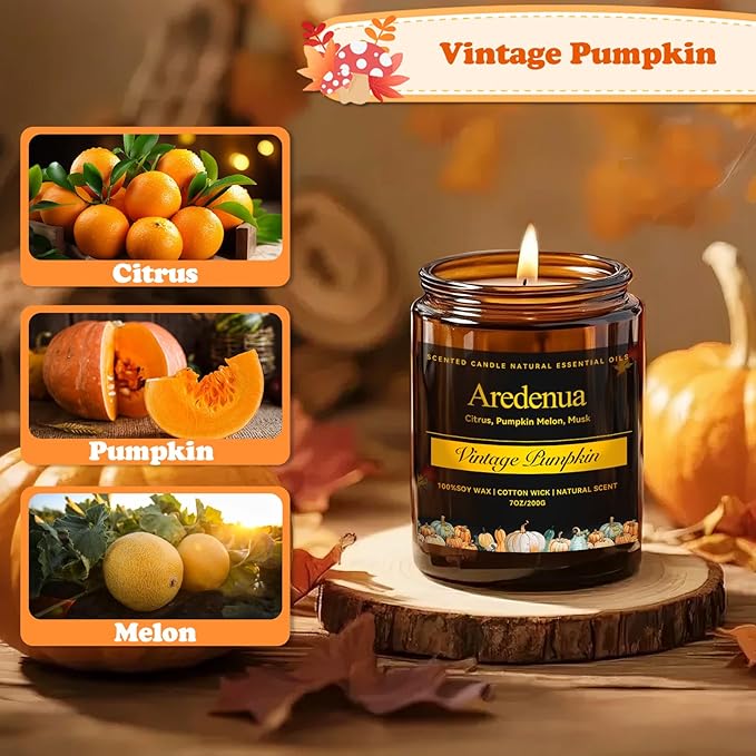 Fall Candles - Vintage Pumpkin Candle | Holiday Candles Pumpkin Scented, 7oz Autumn Soy Candle for Home Scented, 50 Hours Burn Time, Fall & Winter/Thanksgiving/Christmas Gifts for Women Men - Bloomnest