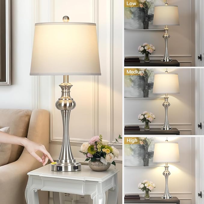 28.75" Silver Table Lamps for Living Room,Touch Lamps for Bedrooms Bedside Lamp 3-Way Dimmable Touch Control, Modern Silver Nightstand Lamp Fabric Shade Mid Century Accent Style（Bulb Inclued） - Bloomnest