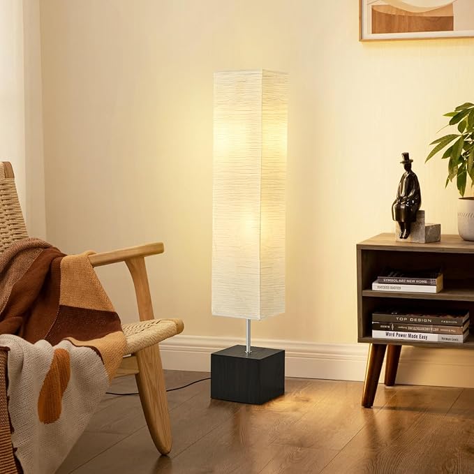 Modern Floor Lamp with Wooden Base, 58-inch Tall, White Shade, Foot Switch, 60W E26 Compatible - Bloomnest