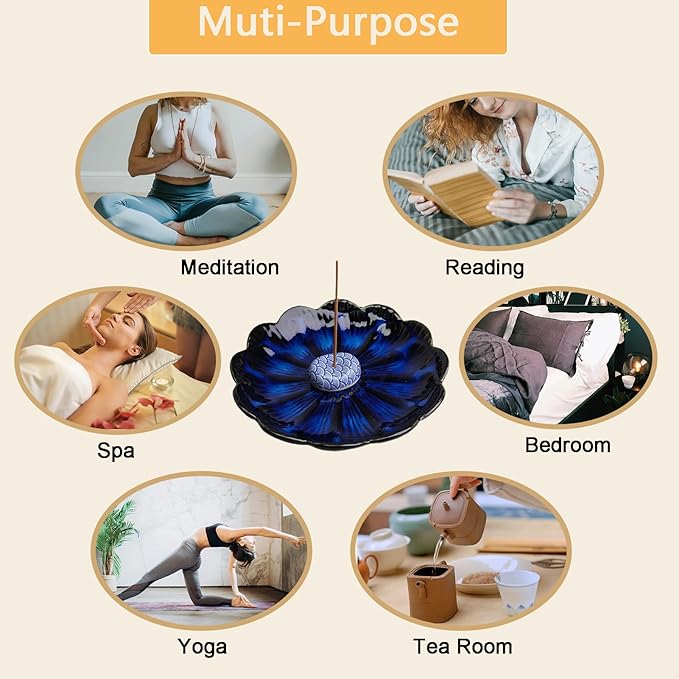 Ceramic Incense Holder for Sticks, Handmade Incense Burner Trays with 3 Pcs Incense Holes, Multi-Purpose Ash Catcher for Coils, White Sage & Palo Santo, Smudge Bowl for Meditation Yoga Decor (Blue)