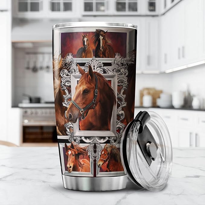 Horse Stainless Steel Tumbler With Lid 20oz Equestrian Farm Animal Print Cup Horses Gift Ideas Husband Present Insulated Travel Coffee Mug Vintage Horse Printed Gifts For Him - Bloomnest