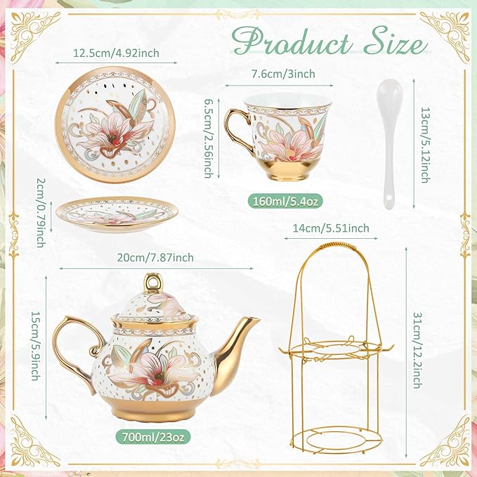 Zhehao 20 Pcs Porcelain Tea Set with Metal Holder and Spoon Adult Ceramic Tea Set European Flower Painting Teapot Cup Saucer Spoon for Women, Large Version(Traditional Style) - Bloomnest