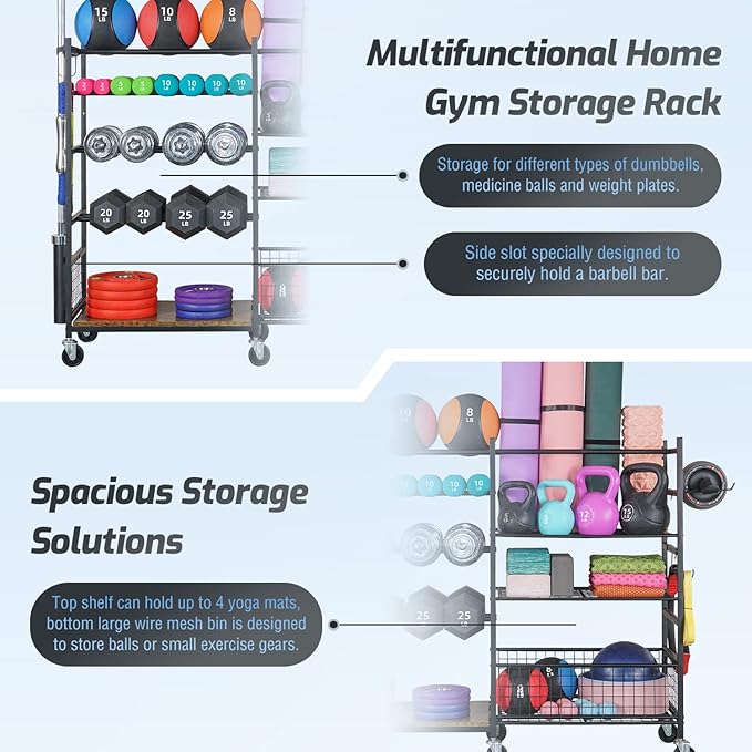 PLKOW Dumbbell Rack, Weight Rack for Dumbbells, Home Gym Storage for Dumbbells Kettlebells Yoga Mat and Balls, All in One Workout Storage with Wheels and Hooks, Powder Coated Finish Steel - Bloomnest