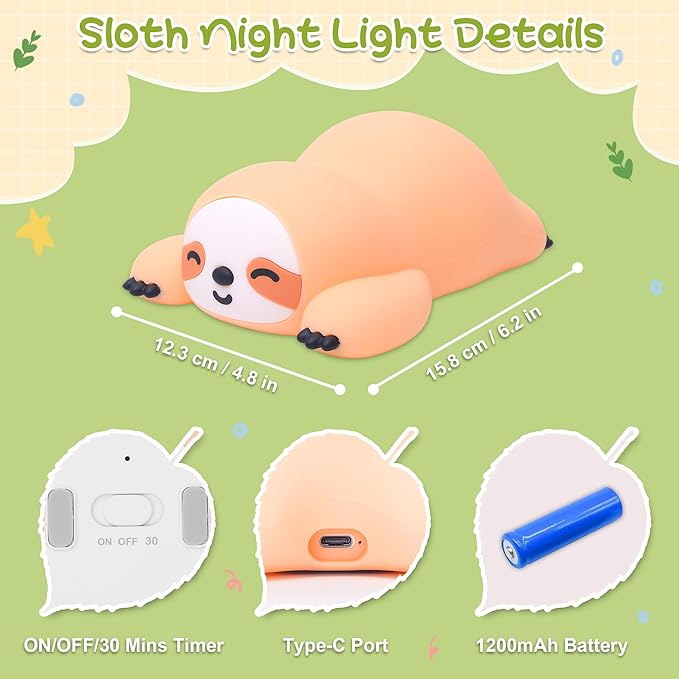 Sloth Night Light, Cute Squishy Lamp for Bedroom, Silicone Animal Dimmable & Timer Rechargeable Nightlight for Girls Boys Kids, Home Decor Christmas Birthday Gifts - Bloomnest