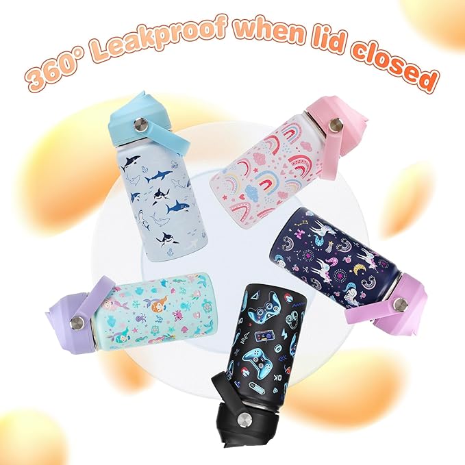 14oz Kids Insulated Water Bottle with Straw Lid - 18/8 Stainless Steel Kid Cup Travel Tumbler Double Wall Vacuum Leak Proof Portable Toddler Water Bottle (Rainbow + Mermaid) - Bloomnest