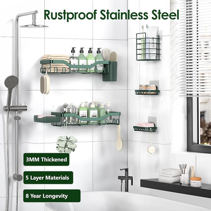 Shower Caddy Adhesive Shower Organizer 7-Pack, Rustproof Stainless Steel Bathroom Shelves, Large Capacity No-Drill Rack Storage Accessories with Soap Dish Toothbrush Holder Hooks - Bloomnest