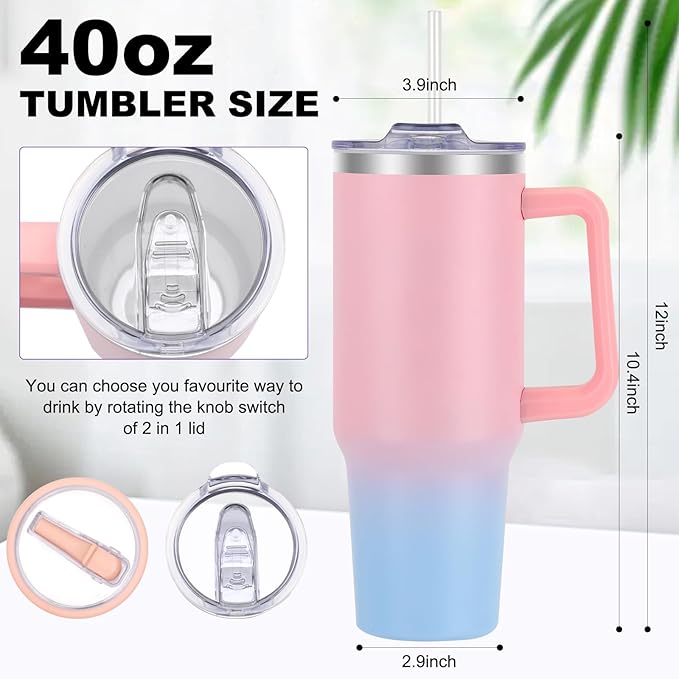 40 oz Tumbler with Handle and Flip Straw Lid, Vacuum Insulated Leak Proof Double Walled Stainless Steel Travel Mug Tumblers, Maintains Cold Ice and Heat for Hours(Pink Blue Gradient) - Bloomnest