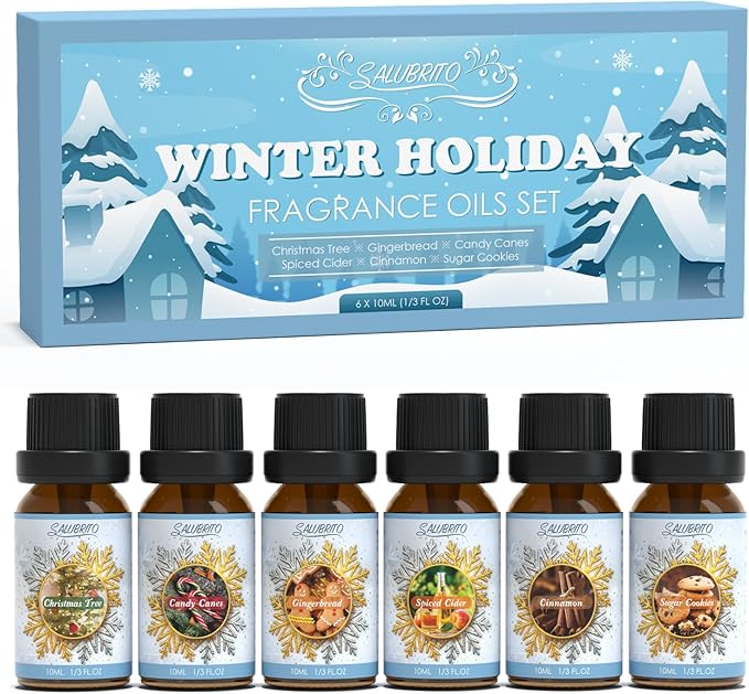 SALUBRITO Winter Fragrance Oils Set, Holiday Essential Oils for Diffuser, Candle, Soap Making - Christmas Tree, Cinnamon, Gingerbread, Candy Cane, Spiced Cider, Sugar Cookies Scented Oil - Bloomnest