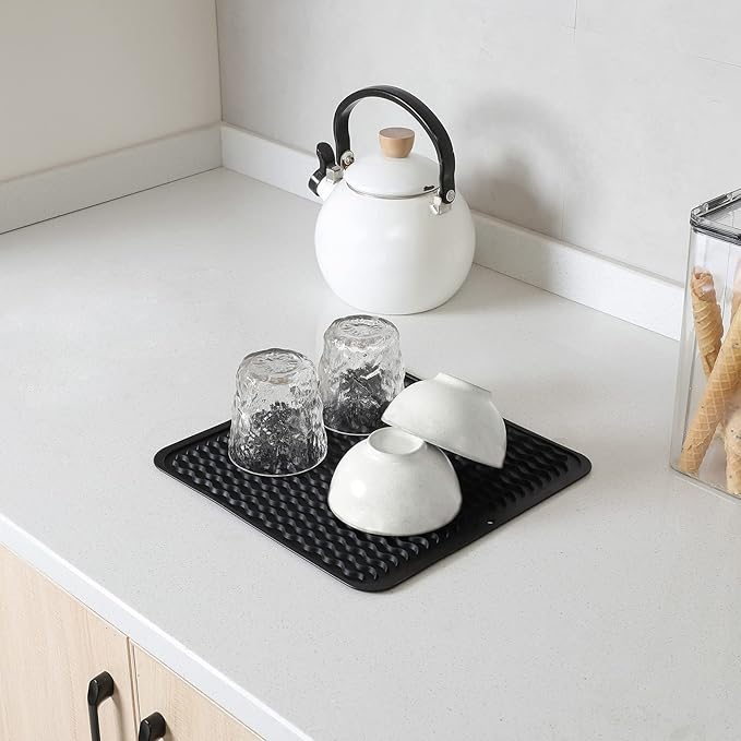 Silicone Dish Drying Mat for Multiple Usage,Easy clean,Eco-friendly,Heat-resistant Silicone Mat for Kitchen Counter or Sink,Refrigerator or Drawer liner Black M 12 inches x 12 inches - Bloomnest