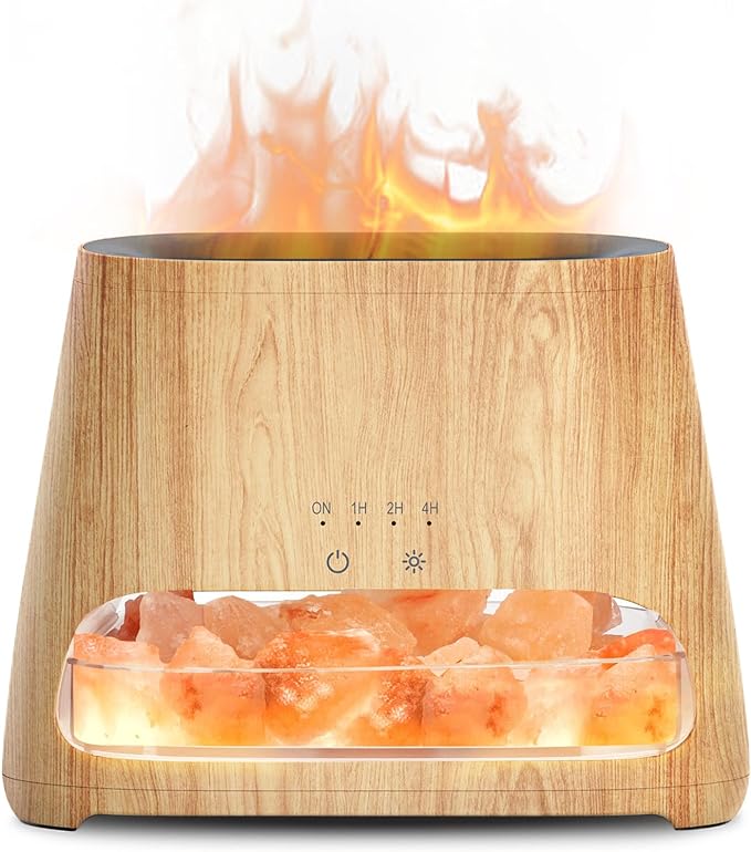 SALKING 2-in-1 Ultrasonic Essential Oil Diffuser & Himalayan Salt Lamp, Aromatherapy Diffuser Cool Mist Humidifier with Auto Off Function, 100% Pure Himalayan Pink Salt Rock, 150ml (Wooden Grain) - Bloomnest