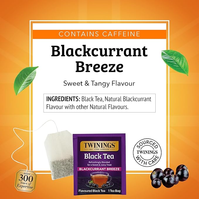 Twinings Blackcurrant Breeze Black Tea Individually Wrapped Bags, 20 Count (Pack of 1), Sweet, Tangy Taste, Caffeinated, Enjoy Hot or Iced, 20 Teabags - Bloomnest