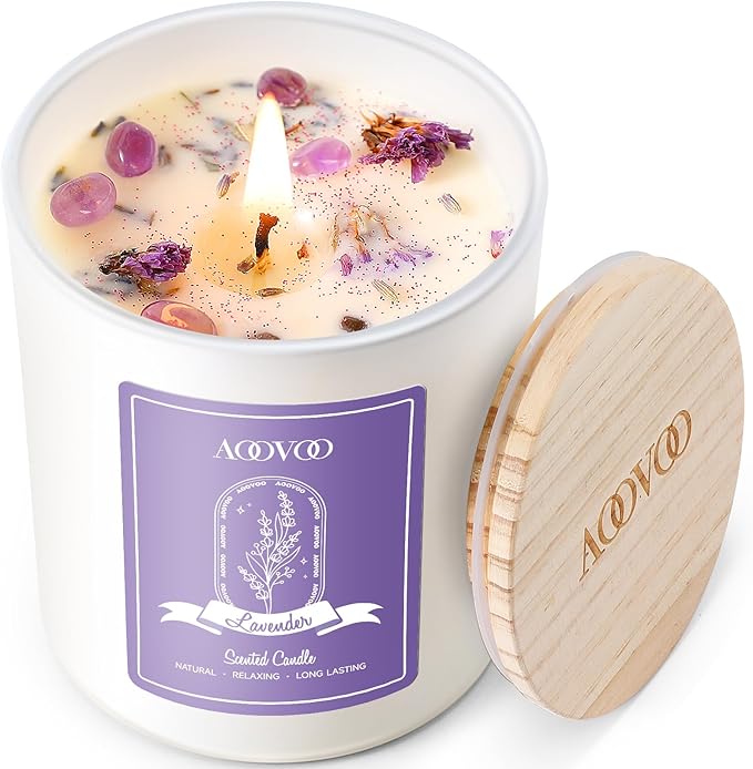 AOOVOO Lavender Scented Candles for Women - Aromatherapy Candle with Crystals Inside, 10oz Soy Candles for Home Scented, Birthday Gifts Christmas Candle for Women Mom - Bloomnest