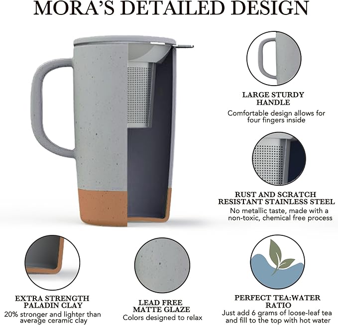 Mora Ceramics Large Tea Mug with Loose Leaf Infuser and Ceramic Lid, 18 oz, Portable, Microwave and Dishwasher Safe, Tall Coffee Cup - Rustic Matte Ceramic Glaze, Modern Herbal Tea Strainer, Sleet - Bloomnest