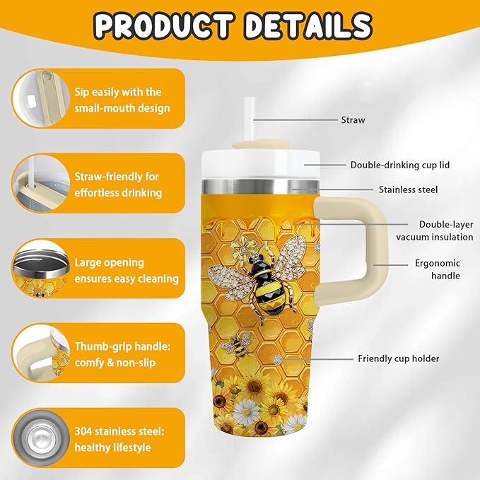 14oz Bee Tumbler with Handle, Stainless Steel Insulated Cup with Lid and Straw Personalized 14 OZ Bee Tumblers Gifts for Women Men - Bloomnest