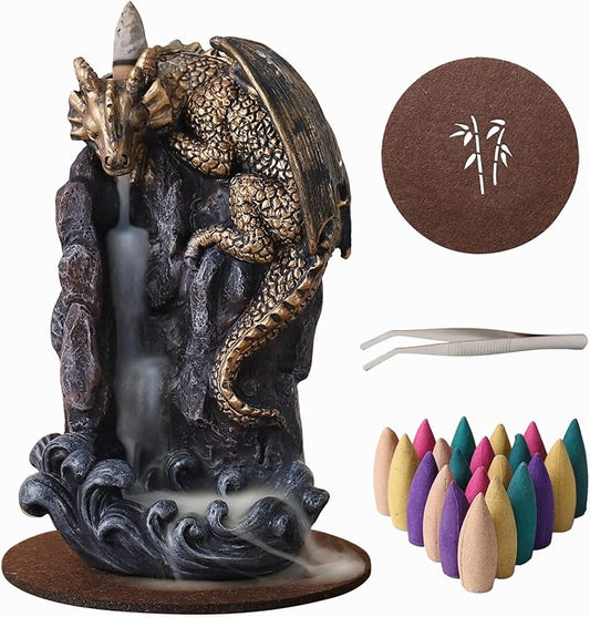 Dragon Backflow Incense Holder Waterfall Incense Burner, with 100 Backflow Incense Cones,1 Mat,1 Tweezers，Aromatherapy Ornamental for Home Office Yoga （Golden Dragon） - Bloomnest
