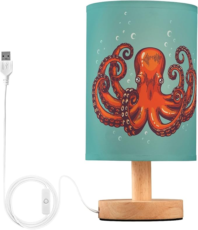 Table Lamp Retro Vintage Red Octopus Ocean Bubble on Blue Nightstand Lamp with Wood Base Fabric Lamp Shade Bedside Desk Lamp for Living Room Bedroom Kids Room Office - Bloomnest