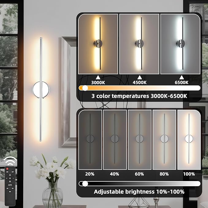 Battery Operated Wall Sconce Set of 2, Chrome 27.5" LED USB Rechargeable dimmable Wall Sconce with Remote Control, Rotate 350° for Living Room, Bedroom, Hallway and scones Lighting - Bloomnest