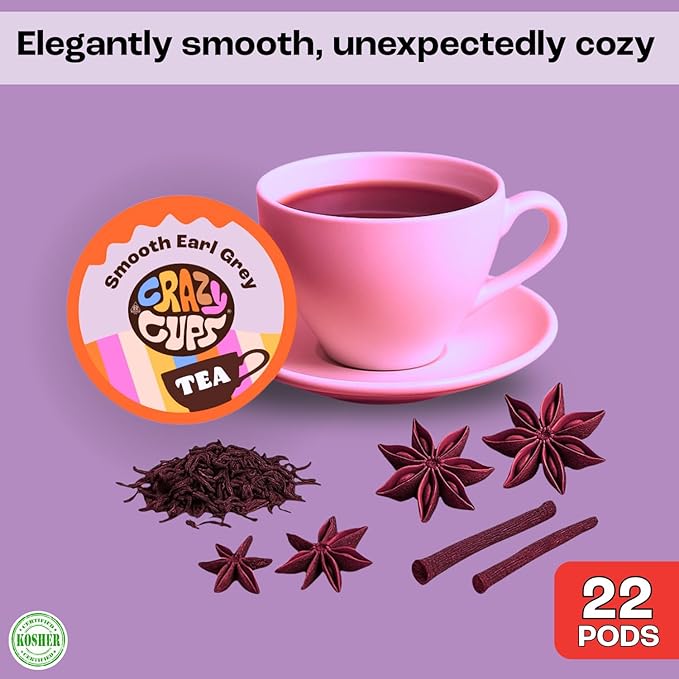 Crazy Cups Smooth Earl Grey Tea Pods, 22 Count | Kosher Certified Black Tea Blend with Licorice Root & Star Anise, K Cup Compatible, Bold Bergamot Flavor, Gluten Free, Vegan - Bloomnest