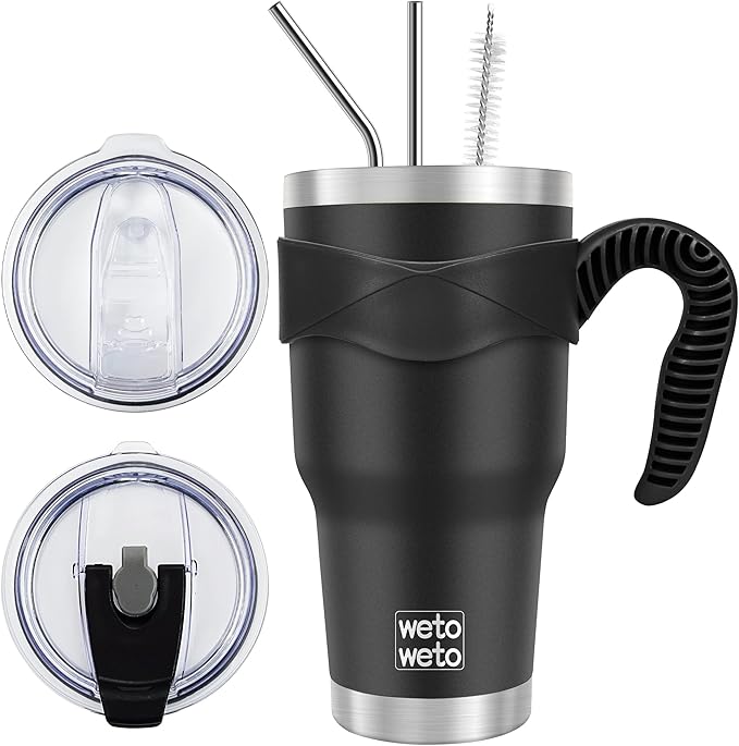 WETOWETO 30oz Insulated Tumbler With 2 Lids and 2 Straws, Stainless Steel Double Vacuum Coffee Tumbler Cup with Handle, Powder Coated Travel Mug for Home, Office, Travel, Party (Black, 1 Pack)