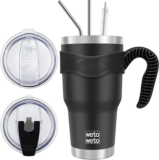 WETOWETO 30oz Insulated Tumbler With 2 Lids and 2 Straws, Stainless Steel Double Vacuum Coffee Tumbler Cup with Handle, Powder Coated Travel Mug for Home, Office, Travel, Party (Black, 1 Pack)