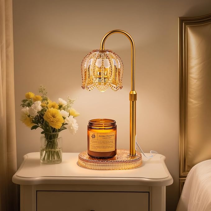 Petal Candle Warmer Lamp with Timer & Dimmable Light Champagne Gold - Adjustable Height Jar Melter on Crystal Glass Base, Home Decor Gift Set (Includes 2 Bulbs) - Bloomnest