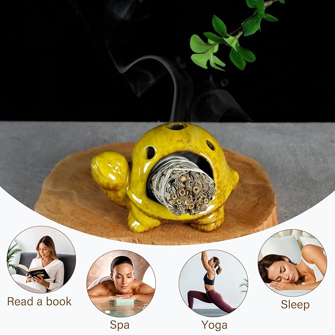 Yellow Ceramic Turtle Palo Santo Burner Holder-Mini Chiminea Incense Dish for Burning Smudge Sticks、Sage、Aromatic Santos、 Incense Cones Fits Altar &Zen Spaces,Unique Gift for Friends & Family MOUGIGI
