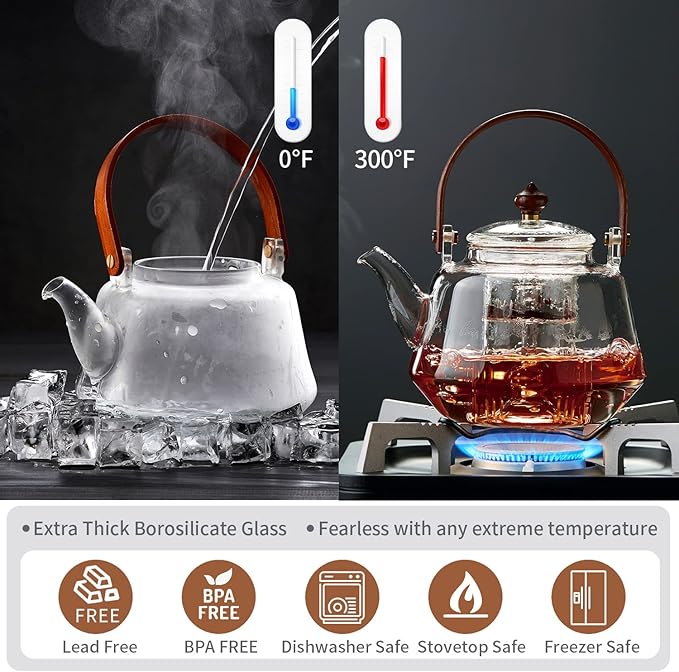 40oz Glass Teapot with Anti-Drip Spout, Peach Wood Handle and Lid, Heat-Resistant Borosilicate Glass, Dual Infusers for Steaming and Boiling - Bloomnest