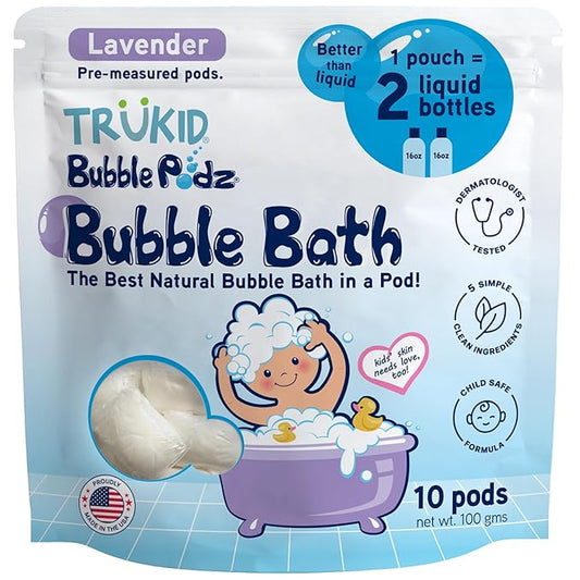 TruKid Bubble Podz Bubble Bath for Kids, Toddlers, & Babies, Tear Free Gentle & Refreshing Bath Bomb for Sensitive Skin with Natural Moisturizers, Non-Toxic, pH Balanced, Lavender Scent (10 Podz) - Bloomnest