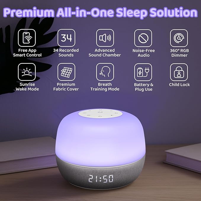 2025 Mom's Choice Awards | Sound Machine Baby White Noise Machine with Sunrise Alarm Clock & App Control – 360° RGB Night Light, Sleep Soother for Adults & Kids, Baby Essentials for Newborns - Bloomnest