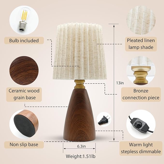 Small Pleated Table Lamp for Bedroom, Bedside Lamps for Nightstand, Dimmable Desk Lamp Ceramic Wood Grain Base Round Flaxen Fabric Shade for Living Room, Kids Room,LED Bulb Included(Art Deco) - Bloomnest