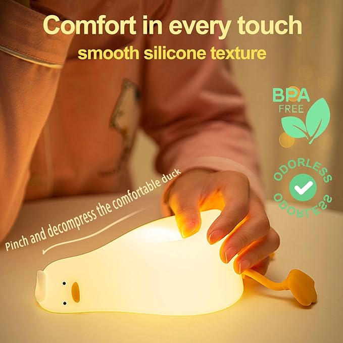 Kibbidea Cute Duck Night Light, Lazy Duck Squishy Lamp Touch Control, Non-Toxic Silicone, Funny Bedside Animal Nightlight with Timer & Rechargeable for Kids Room Desk Decor, Gifts for Girl,Boy,Women - Bloomnest