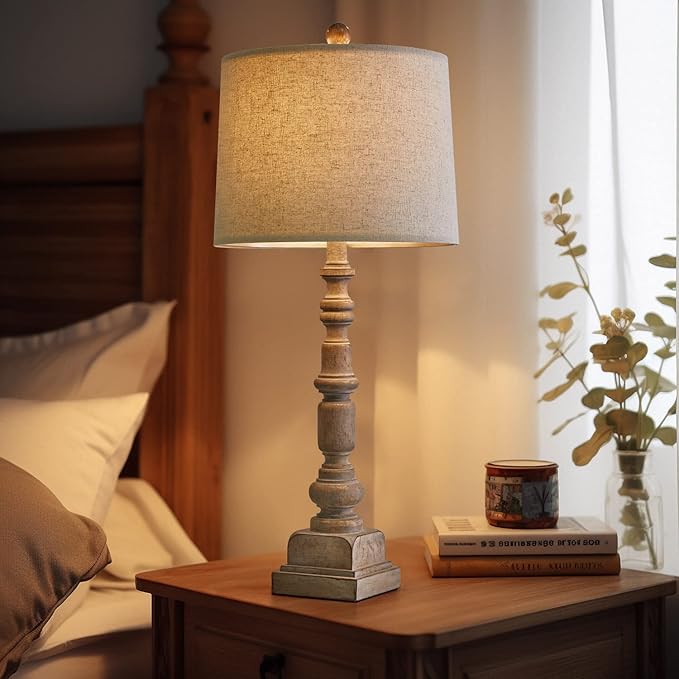 Oneach 27.75" Vintage Farmhouse USB Table Lamps Set of 2 for Living Room Bedroom Traditional Bedside Nightstand Lamp with Dual USB Port Resin Table Lamp with Rotary Switch for Living Room Bedroom - Bloomnest
