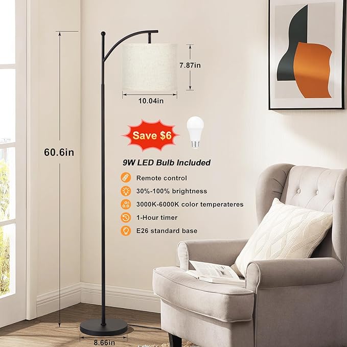 Ambimall 60" Floor Lamp with Remote Control and Stepless Dimmable Bulb, Colors Temperature & Brightness Adjustable, Modern Floor Lamps for Living Room（Beige Shade & Black Pole） - Bloomnest