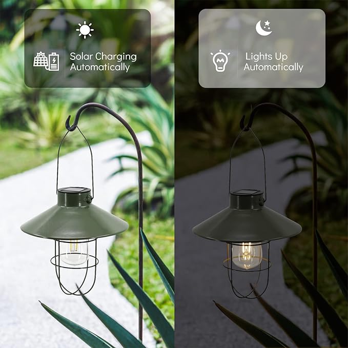 pearlstar Solar Lantern Outdoor Hanging Light Metal Farmhouse Solar Lamp with Warm White Edison Bulb Design for Garden Yard Patio Proch Decor(Green) - Bloomnest