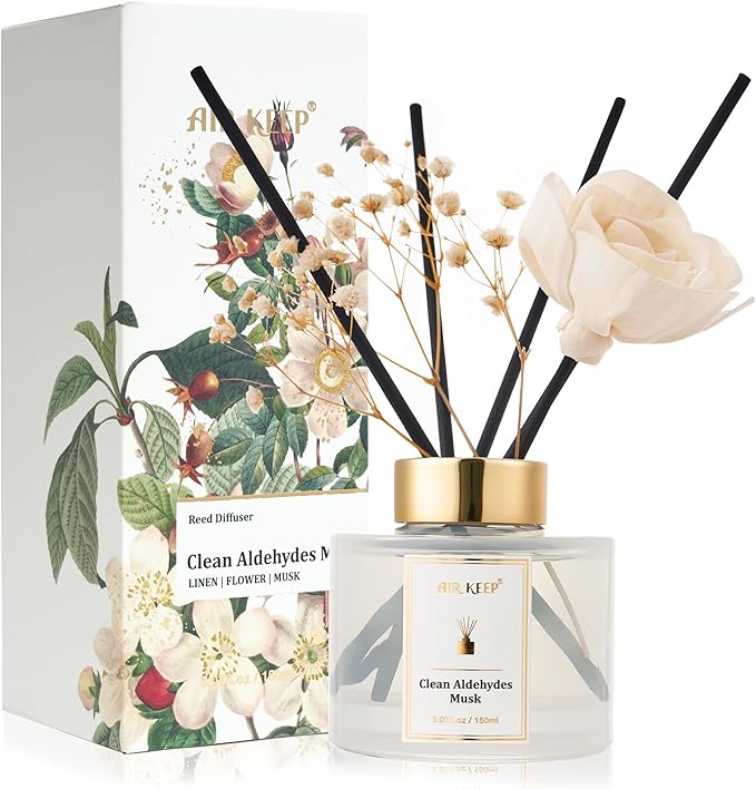 Airkeep Flower Reed Diffusers Set, 5.07 oz Clean Aldehydes Musk Scented Oil Diffuser with 8 Reed Sticks, Home Fragrance Diffuser Gift Set for Bathroom & Office Decor 150ml - Bloomnest