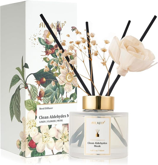 Airkeep Flower Reed Diffusers Set, 5.07 oz Clean Aldehydes Musk Scented Oil Diffuser with 8 Reed Sticks, Home Fragrance Diffuser Gift Set for Bathroom & Office Decor 150ml - Bloomnest