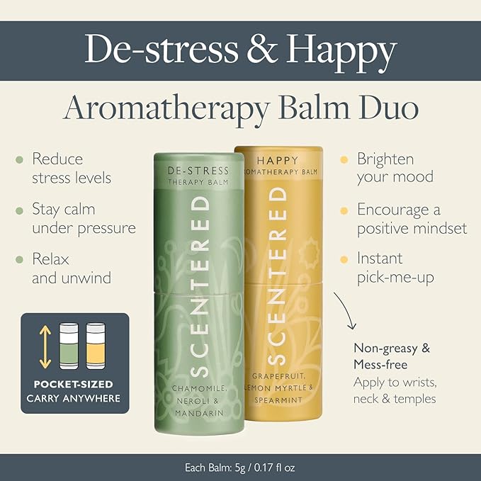 Scentered Aromatherapy Balm Stick Duo for Stress Relief & Positivity - Roll On Essential Oil Blends of Grapefruit, Lemon, Chamomile - Aromatherapy Gifts for Women - De-Stress & Happy - Bloomnest