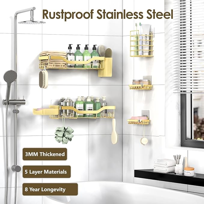 Shower Caddy Adhesive Shower Organizer 7-Pack, Rustproof Stainless Steel Bathroom Shelves, Large Capacity No-Drill Rack Storage Accessories with Soap Dish Toothbrush Holder Hooks - Bloomnest