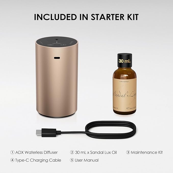 Airversa Waterless Essential Oil Diffuser Starter Kit with 30mL Sandal Lux Fragrance Oil for Car Home Office,Premium Aluminum Housing, Aroma Nebulizer Baterry Operated, ADX Kit Desert Titanium - Bloomnest