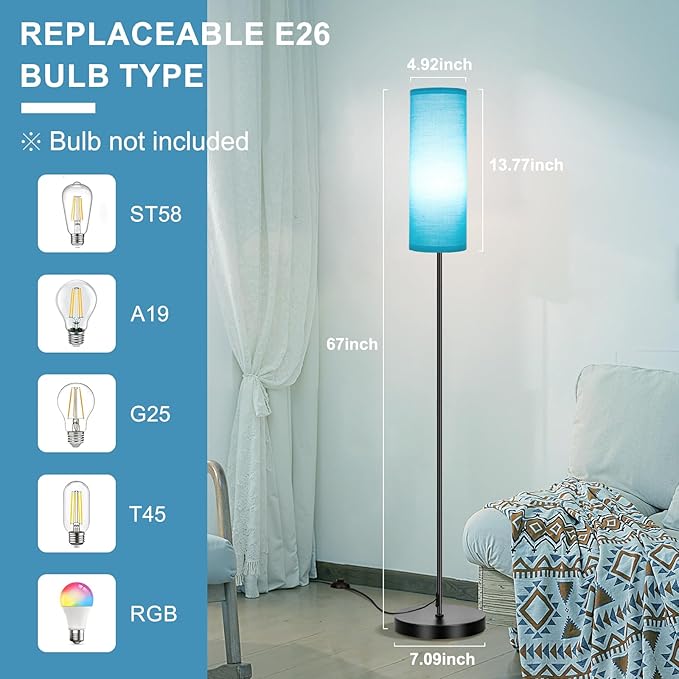 FRIDEKO HOME Floor Lamp with Turquoise Shade, Simple Design with Foot Pedal Switch, Small Tall Lamps for Living Room Bedroom, Corner Floor Stand Light with Black Pole Lamp (No Remote/No Bulb) - Bloomnest