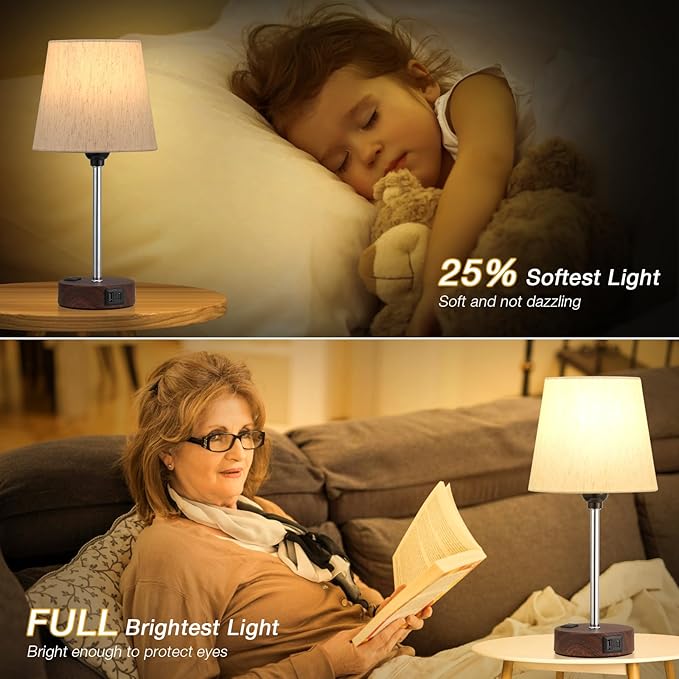 Acaxin Reddish Brown Bedside Lamps Set of 2 - Nightstand Bedroom Lamp with USB C Port and AC Outlet Charging, 3 Way Dimmable Touch Control Small Bed Side Table Lamp, Nightstand Light - Bloomnest
