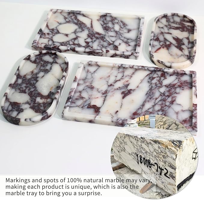 Real Luxurious Natural Marble Vanity Tray Genuine Marble Storage Tray for Home Decor Stone Tray for Bathroom/Kitchen/Vanity/Dresser Non-Resin/Non-Ceramic/Viola Oval Set - Bloomnest