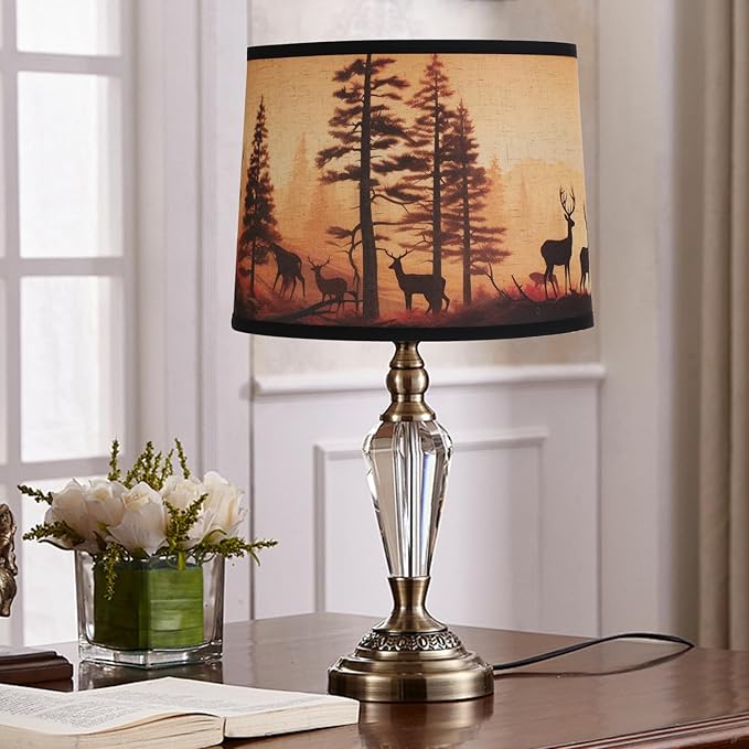 Rustic Deer Printed Large Drum Lamp Shades Set of 2. Easy Assembly.11.4"x13"x10" Barrel Brown Lamp Shade For Cabin Lodge Decoration.Replacement Lamp Shades For Table Lamps(Sipder Model) - Bloomnest