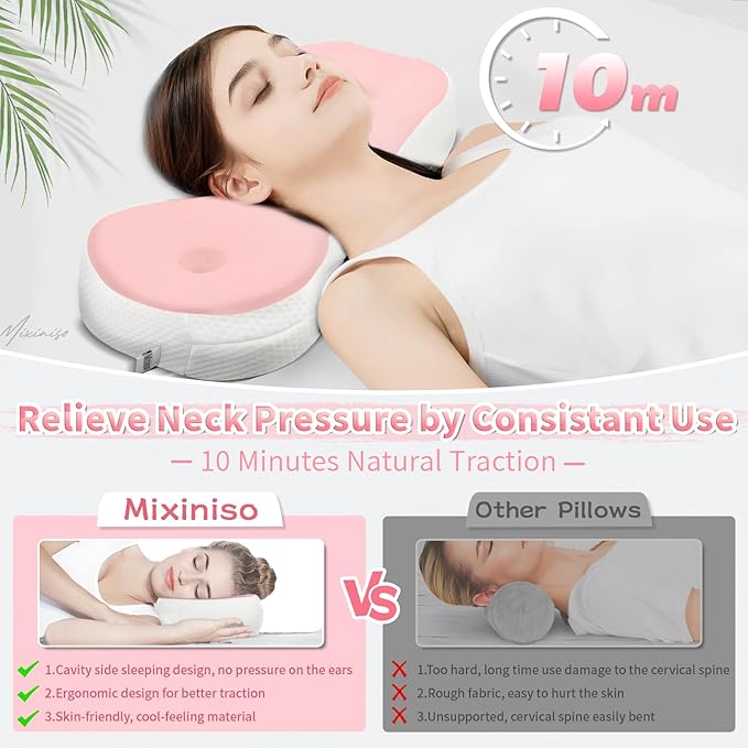 Neck Support Pillow, Cervical Neck Roll Memory Foam Pillow, Cervical Traction Device, Neck Pillow for Side Sleepers, Camping & Travel Pillow with Portable Bag - Bloomnest