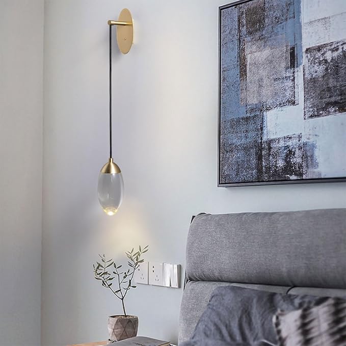 Luxurious Clear Water Drops Crystal Wall Lamp,5W 3000K Contemporary 1-Light Brass Wall Lamp,Modern Creative LED Home Decor Lighting Fixture for Bedroom Bedside - Bloomnest