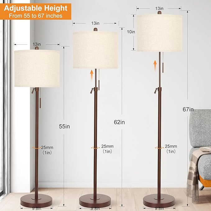 Metal Brown Floor Lamp for Living Room, Adjustable Height Standing Lamp, Pole Light for Bedroom, with Linen Shade and Metal Base, Pull Chain Switch, 3-Way 8W LED Bulb Included - Bloomnest