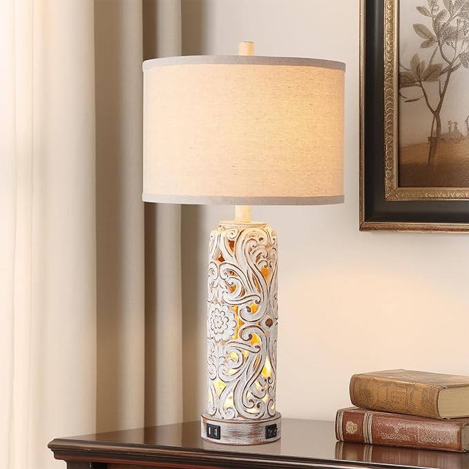 Set of 2 Rustic Farmhouse Table Lamps for Living Room Bedroom, Vintage Bedside Lamp with Dual USB Port, Antique White Resin Retro Nightstand Lamps with Night Light - Bloomnest
